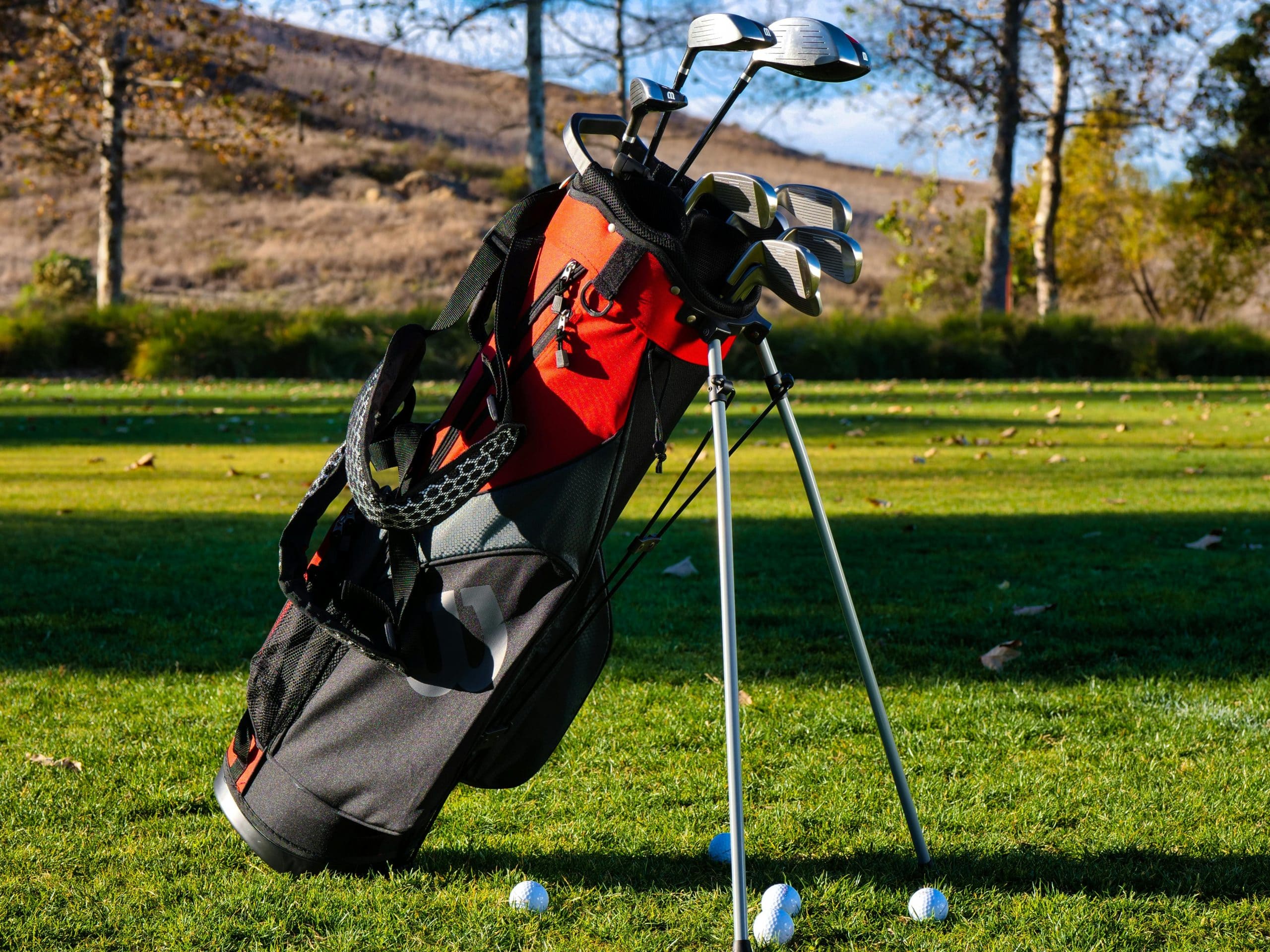 Sac de golf avec clubs sur un parcours verdoyant.
